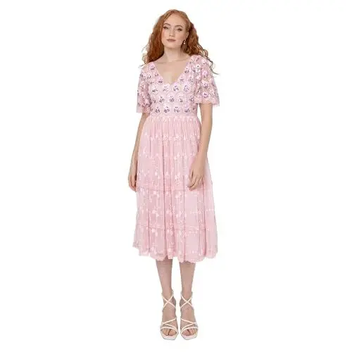 Produktbild: Maya Deluxe Women's Ladies Midi Short Angel Sleeves V-Neck A-line Sequin Embellished Floral Tulle Lace Wedding Guest Prom Dress, Ballet Pink, 46