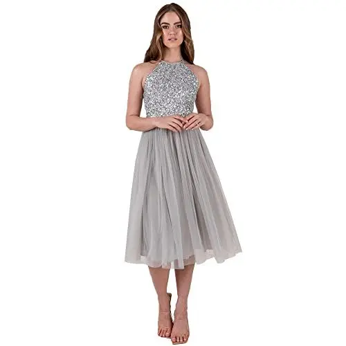 Produktbild: Maya Deluxe Damen Womens Ladies Midi With Halter Neck Tulle For Evening Graduation Prom Wedding Bridesmaids Ball Gown Dress, Soft Grey, 42 EU