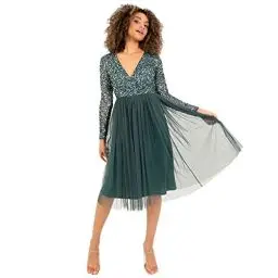 Produktbild: Maya Deluxe Damen Maya Deluxe Dames Dames Wedding Guest Midi Jurk Lange Mouwen Plunging Hals Sequin Embellished Gradua Brautjungfernkleid, Emerald Green, 40 EU