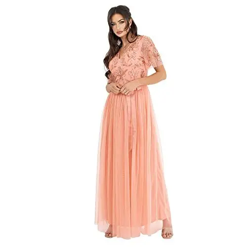 Produktbild: Maya Deluxe Damen Womens Maxi Dress Ladies Ball Gown for Wedding Guest Embellished Tie Waist V Neck Bridesmaid Prom Evening Occasion Kleid, Apricot Blush, 46