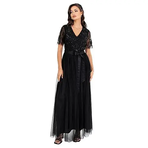 Produktbild: Maya Deluxe Damen Womens Maxi Dress Ladies Ball Gown for Wedding Guest Embellished Tie Waist V Neck Bridesmaid Prom Evening Occasion Kleid, Black, 36