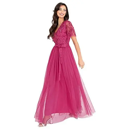 Produktbild: Maya Deluxe Damen Womens Maxi Dress Ladies Ball Gown for Wedding Guest Embellished Tie Waist V Neck Bridesmaid Prom Evening Occasion Kleid, Fuchsia, 44