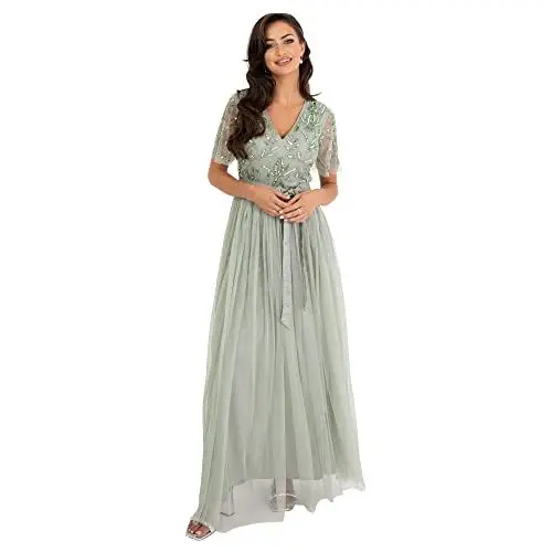 Produktbild: Maya Deluxe Damen Womens Maxi Dress Ladies Ball Gown for Wedding Guest Embellished Tie Waist V Neck Bridesmaid Prom Evening Occasion Kleid, Green Lily,, 44