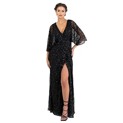 Produktbild: Maya Deluxe Damen Womens Maxi Dress Ladies Sequin Embellished Wrap A-Line Dress for Wedding Guest Bridesmaid Evening Prom Ball Occasion Kleid, Black,