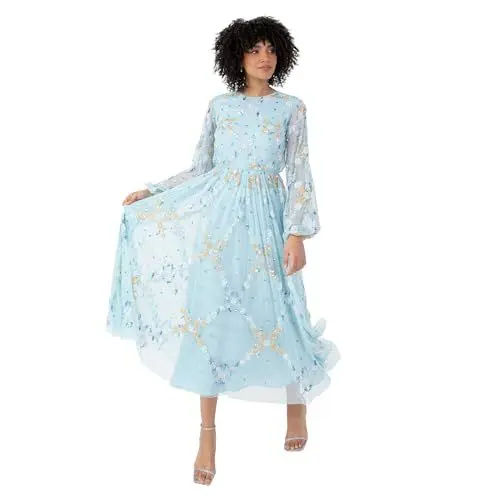 Produktbild: Maya Deluxe Damen Women's Midaxi Dress Ladies Long Puff Sleeve Round Neck Floral Sequin Embellished Tulle A-line Bridesmaid Wedding Guest Kleid, Sky Blue, 32