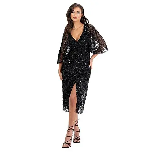 Produktbild: Maya Deluxe Damen Womens Midi Dress Ladies Sequin Embellished Cape Sleeve Wrap Dress for Wedding Guest Bridesmaid Cocktail Prom Evening Kleid, Black,