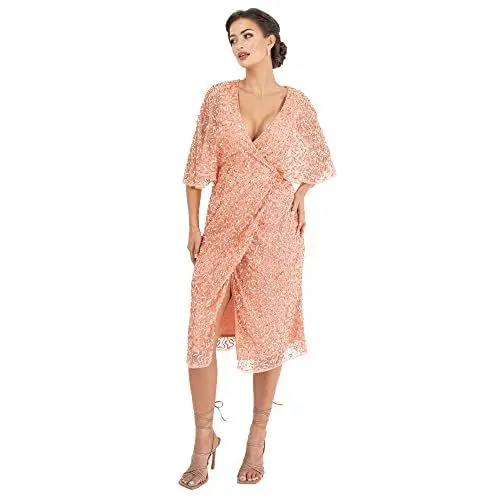 Produktbild: Maya Deluxe Damen Womens Midi Ladies Sequin Embellished Cape Sleeve Wrap Dress for Wedding Guest Bridesmaid Cocktail Prom Evening Kleid, Apricot Blush, 32