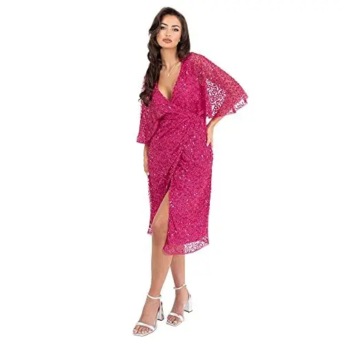 Produktbild: Maya Deluxe Damen Womens Midi Ladies Sequin Embellished Cape Sleeve Wrap Dress for Wedding Guest Bridesmaid Cocktail Prom Evening Kleid, Fuchsia, 50