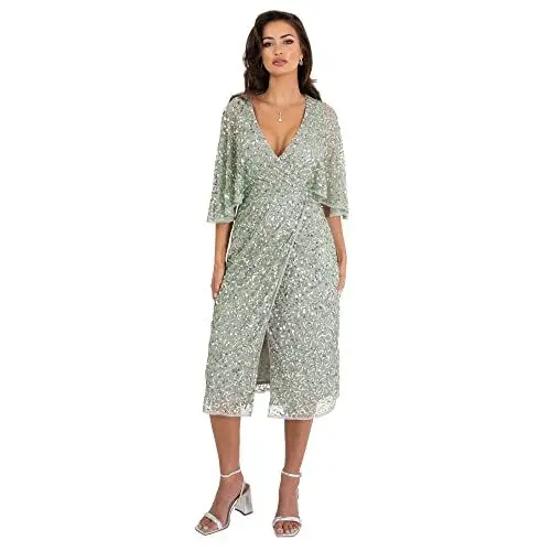 Produktbild: Maya Deluxe Damen Womens Midi Ladies Sequin Embellished Cape Sleeve Wrap Dress for Wedding Guest Bridesmaid Cocktail Prom Evening Kleid, Green Lily, 34