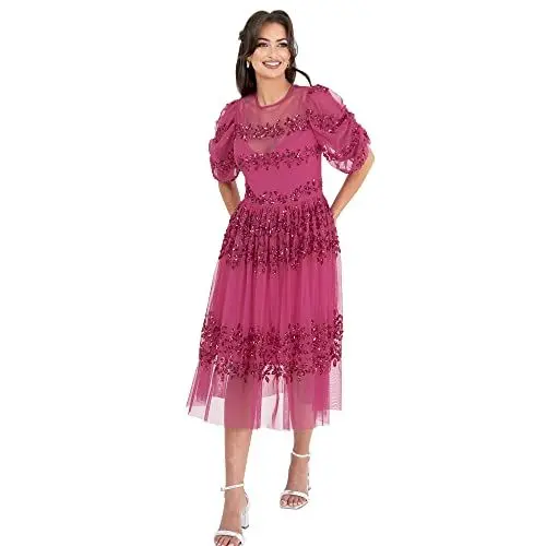 Produktbild: Maya Deluxe Damen Womens Midi Ladies Sequin Embellished Short Sleeve Dress for Wedding Guest Bridesmaid Prom Ball Evening Occasion Kleid, Fuchsia,38