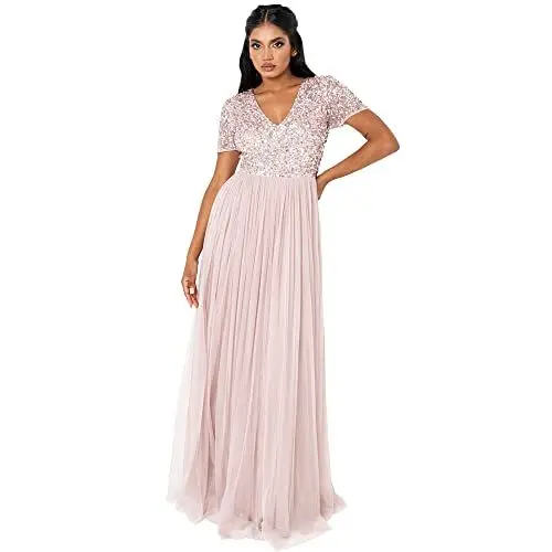 Produktbild: Maya Deluxe Damen Women's Prom Evening V-neck Maxi Length Sequins Short Sleeves for Wedding Birthday Bridesmaid Dress,Frostiges Rosa, 52 EU