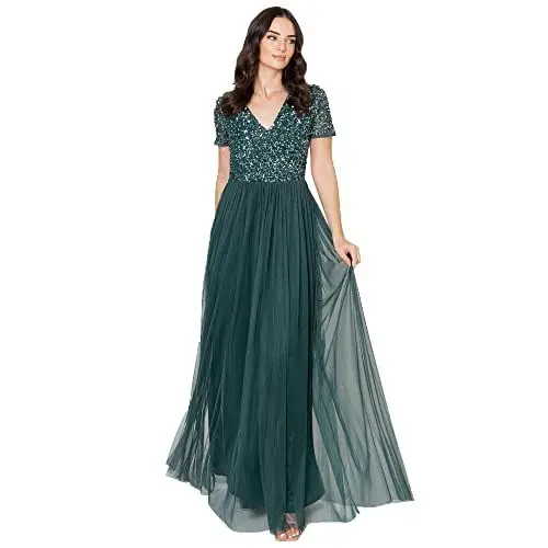Produktbild: Maya Deluxe Damen Women's V Neckline Embellished Neck Maxi Dress Short Sleeve Empire Waist Prom Graduation Bridesmaid Wedding Guest Brautjungfernkleid, Emerald Green, 40 EU