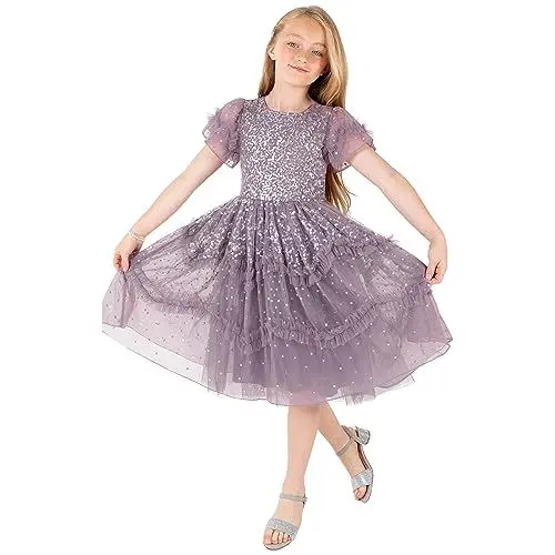 Produktbild: Maya Deluxe Girl's Dress Sequin Ruffles Frilly Sparkling Party Short Sleeve Midi Wedding Guest Tutu Frilly Kids Childrens Prom, Moody Lilac, 5-6 Years