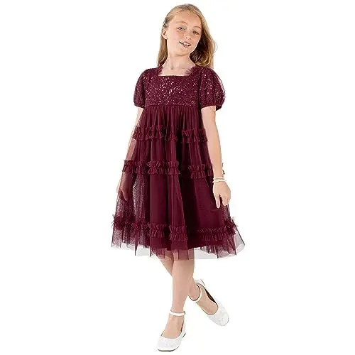 Produktbild: Maya Deluxe Girl's Midi Dress Sequins Embellished Short Sleeves Party Tutu Ruffles Frilly Bridesmaids Wedding Kids Children, Red Berry, 9-10 Years