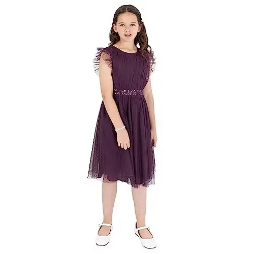 Produktbild: Maya Deluxe Mädchen Midi Dress for Girls Sequins Embellished Birthday Party Frill Short Sleeves Bridesmaids Wedding Brautjungfernkleid, Berry, 7-8 Years