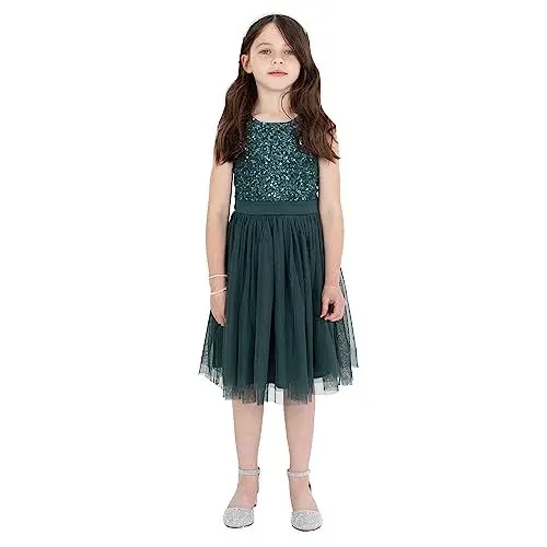 Produktbild: Maya Deluxe Mädchen Midi Dress for Girls Sequins Embellished Party Tutu Bridesmaids Wedding with Belt Bow Kleid, Emerald Green, 7 Years