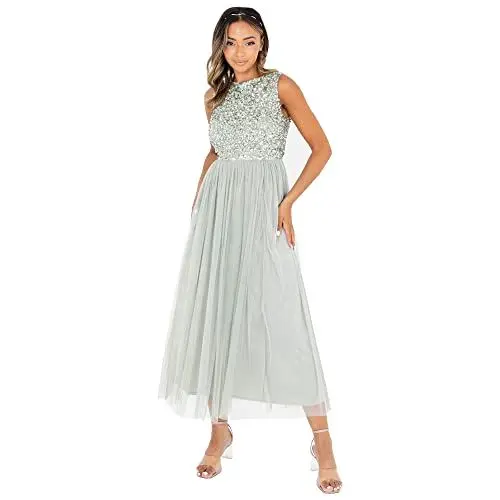 Produktbild: Maya Deluxe Vrouwen Midaxi Jurk Dames Mouwloze Pailletten Hoge Empire Taille Tule Versierd voor Bruiloft Gast Bal Bruidsmeisje, Bessen, 40 EU (Herstellergröße: 12)