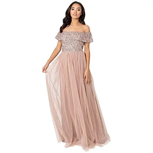 Produktbild: Maya Deluxe Women's Damen Brautjungfernkleid Bardot Paillettenverzierung Abendkleid Elegant für Hochzeit Tüllkleid Bridesmaid Dress, Taupe Blush, 48