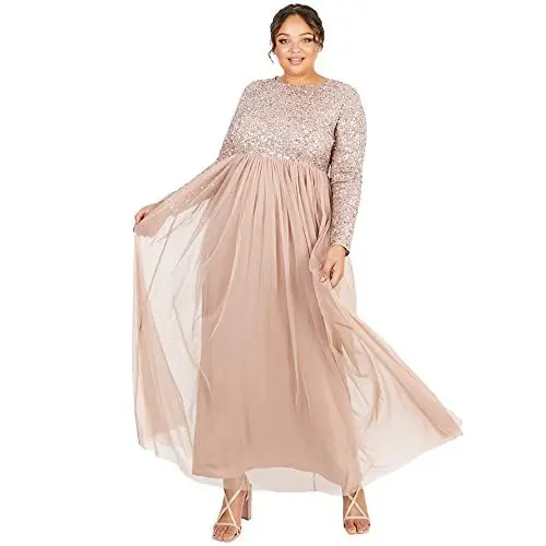 Produktbild: Maya Deluxe Women's Damen Kleid für Hochzeitsgast Übergröße Groß Reich Hohe Taille Pailletten Langarm Lang Abschlussball Abend Bridesmaid Dress, Taupe Blush, 48 EU