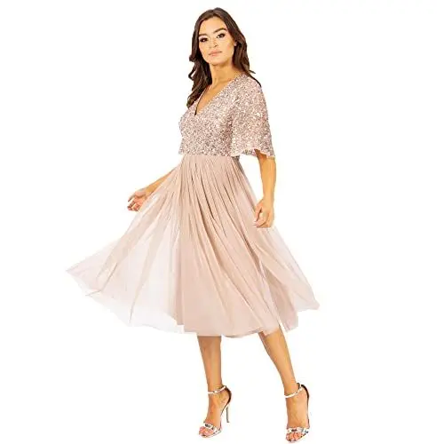 Produktbild: Maya Deluxe Women's Damen Midi Abendkleid Cocktailkleid Abschlussball V-Ausschnitt Kurze Ärmel Tüllkleid Elegant für Hochzeit Bridesmaid Dress, Gold, 52