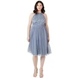 Produktbild: Maya Deluxe Damen Embellished Halter Neck Midi Dress Brautjungfernkleid, Dusty Blue, 36
