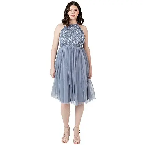Produktbild: Maya Deluxe Damen Embellished Halter Neck Midi Dress Brautjungfernkleid, Dusty Blue, 36