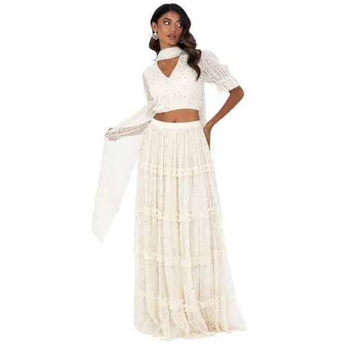 Produktbild: Maya Deluxe Women's Indian Traditional Dress Women Outfit Choli Lehenga Saree Skirt and Top Dupatta Coord Set for Wedding Guest Lengha, Cream Silver, 6