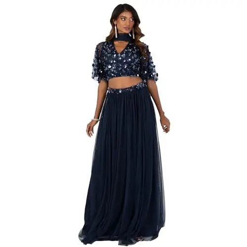 Produktbild: Maya Deluxe Women's Indian Traditional Dress Women Outfit Choli Lehenga Saree Skirt and Top Dupatta Coord Set for Wedding Guest Lengha, Navy Sequins, 14