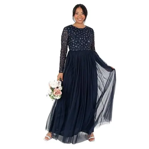Produktbild: Maya Deluxe Women's Ladies Maxi Dress Long Sleeve Round Neck Sequin Embellished Tulle Floral A-line for Occasion Prom Ball Gown, Marineblau 38