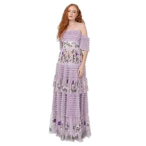 Produktbild: Maya Deluxe Women's Ladies Maxi Dress Off-the-Shoulder Bardot Spaghetti Strap Floral Embroidered Tiered Ruffle Tulle Wedding Guest Lilas 36