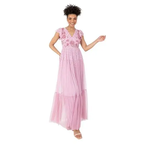 Produktbild: Maya Deluxe Women's Ladies Maxi V-Neck Short Flutter Sleeves Floral Sequin Embellished Tulle A-line Wedding Guest Bridesmaid Dress, Cherry Blossom, 52