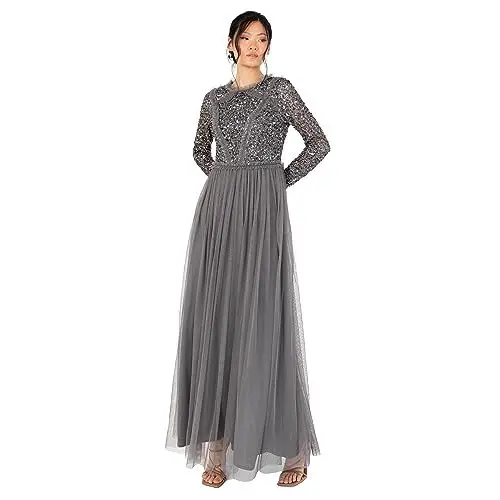Produktbild: Maya Deluxe Women's Maxi Ladies Crew Neck Long Sleeve Sequin Embellished Tulle Ruffle for Wedding Guest Dress, Charcoal, 42