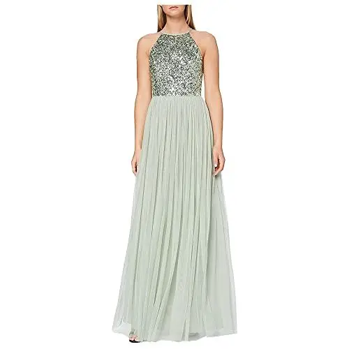 Produktbild: Maya Deluxe Women's Pailletten Cocktailkleid Damen Tüllkleid Kleid Nackenband Abendkleid Elegant für Hochzeit Brautjungfernkleid Bridesmaid Dress, Sage Green, 50