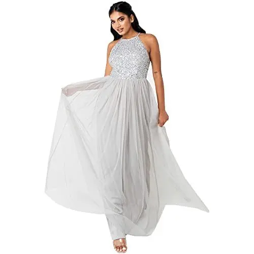 Produktbild: Maya Deluxe Women's Pailletten Cocktailkleid Damen Tüllkleid Kleid Nackenband Abendkleid Elegant für Hochzeit Brautjungfernkleid Bridesmaid Dress, Soft Grey, 42