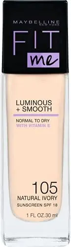 Produktbild: Maybelline New York Fit Me! Liquid Make-Up Nr. 105 Natural Ivory, flüssiges Make-Up, Foundation, die sich dem Hautton anpasst, natürliches Finish, leichter Glow