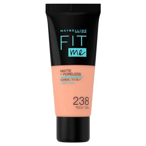 Produktbild: Maybelline New York Fit me! MATTE&PORELESS Make-up Nr. 238 Rich Tan, flüssiges Make-up, passt sich dem Hautton an, feuchtigkeitsspendend, mattierend, leichte bis mittlere Deckkraft, 30 ml
