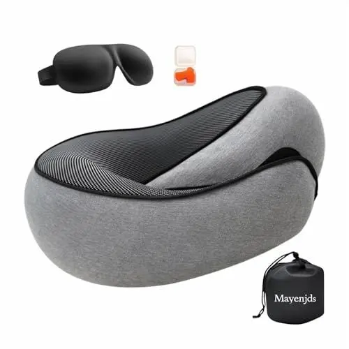 Produktbild: Mayeujds Memory Schaum Nackenkissen Flugzeug Set – 360° Nackenstütze Reisekissen mit 3D-Augenmaske & Ohrstöpseln | Ergonomisch & Komprimierbar für Reisen, Auto & Zuhause (grau)