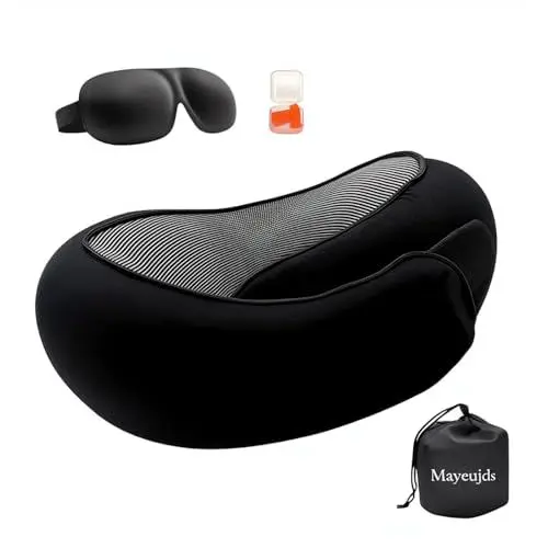Produktbild: Mayeujds Memory Schaum Nackenkissen Flugzeug Set – 360° Nackenstütze Reisekissen mit 3D-Augenmaske & Ohrstöpseln | Ergonomisch & Komprimierbar für Reisen, Auto & Zuhause(schwarz)