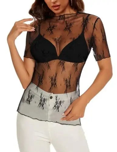 Produktbild: MAYFASEY Damen Floral Gedruckt Kuzarml Stretch Mesh Sheer Tops See Through Blusen, Schwarz, S