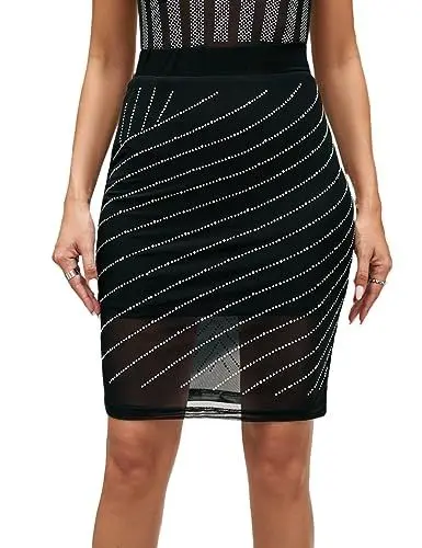 Produktbild: MAYFASEY Damen Sexy Strass Kurzer Minirock Bodycon Elastizität Eng Casual Club Bleistiftrock, Schwarz, M