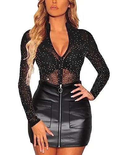 Produktbild: MAYFASEY Damen Sexy V-Ausschnitt Strass Mesh Langarm Tunika Hemden Transparente Tops Bluse, Schwarz, M
