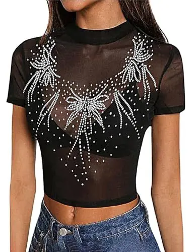 Produktbild: MAYFASEY Damen Strass Kurze Ärmel durchsichtige Mesh-Crop-Tops durchsichtige T-Shirts Bluse, Schwarz, S