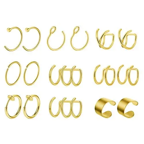 Produktbild: Mayhoop 8 Paar Ear Cuff Gold Edelstahl Ohr Manschette Nicht Piercing Clip auf Knorpel Ohrringe Fake Nasenpiercing Nasenring Fake Helix Lippenpiercing für Männer Damen
