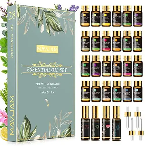 Produktbild: MAYJAM ätherisches Öl Sets 28Pcs 100% Reiner 24 * 5ml Lavendel, Jasmin, Eukalyptus, Vanille, Minze, etc. (4 * 10ml Rollenpaket für Mückenabweisend/Energetisch/Atmend/Stress Abbauen)