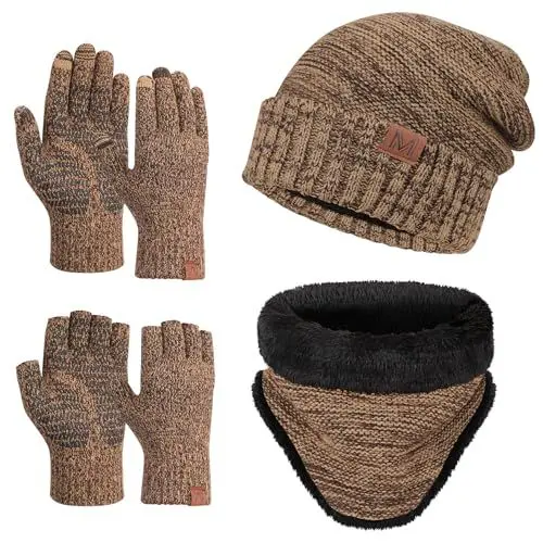Produktbild: Maylisacc 4Pcs Winter Mütze Hut Loop Schal und Gestrickte Touchscreen Handschuhe & Fingerlose Handschuhe Warme Beanie Mütze Winter Set für Männer Frauen Braun
