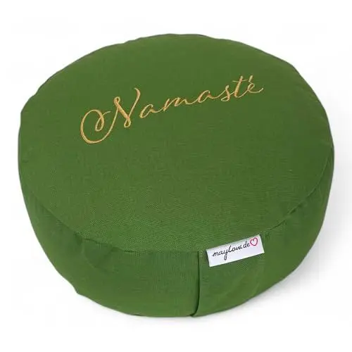 Produktbild: maylow Yoga mit Herz® Hochwertige Meditationskissen Yogakissen Stickerei Namasté Bezug waschbar Innenkissen Buchweizenschalen Ø33 cm H:15cm (Personalisierung nach Wunsch) (Namasté Olive)