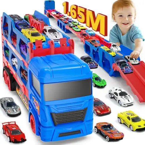 Produktbild: maysida Transport Truck Spielzeugautos für Jungen 3, 4, 5, 6 Jahren, 165cm&Faltbare Rennbahn Truck mit 10 Autos Spielzeug-4 Rückziehautos&6 Rennautos, Transporter Spielzeug-Kinder Geschenke für jungen