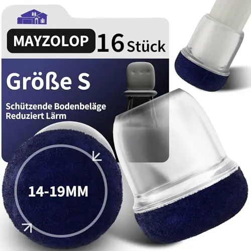 Produktbild: MAYZOLOP 16 Stück Stuhlbeinkappen Rund Transparente Schutzkappen für Stuhlbeine Mit Marineblau Filz, Hartholzboden Silikon Stuhlbeinschoner, Filzgleiter, Kein Lärm Kein Kratzer, Durchmesser 14-19mm
