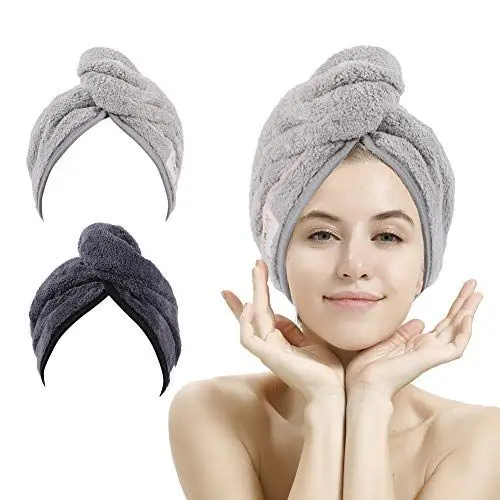 Produktbild: M-bestl 2 Pack Haartuch Turban, Mikrofaser-Haartrocknungshandtuch mit Knopfdesign zum Trocknen der Haare (Dunkelgrau & Hellgrau