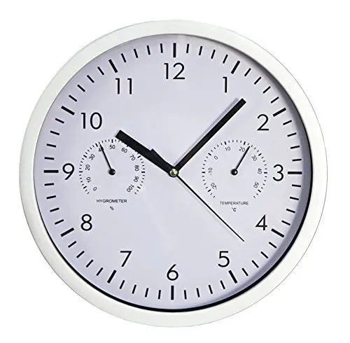 Produktbild: MC Power Design Wanduhr modern Silber | mit Thermometer und Hygrometer | weißes Ziffernblatt, Temperaturanzeige und Luftfeuchtigkeit, Ø 25cm als Küchenuhr Bürouhr Wohnzimmer
